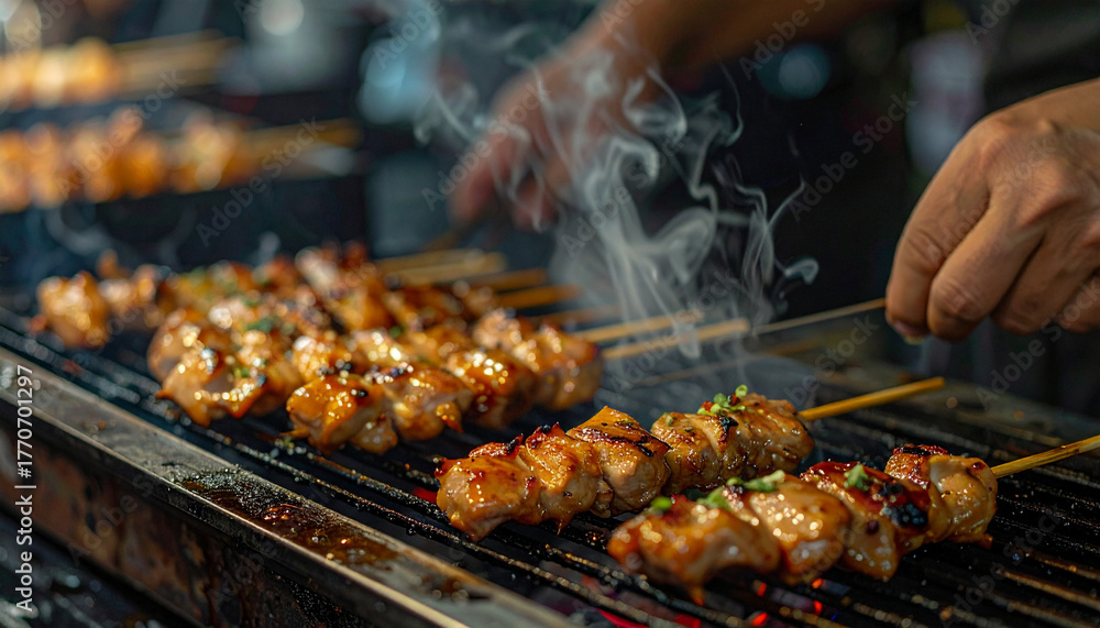 職人が焼き鳥の串を返す