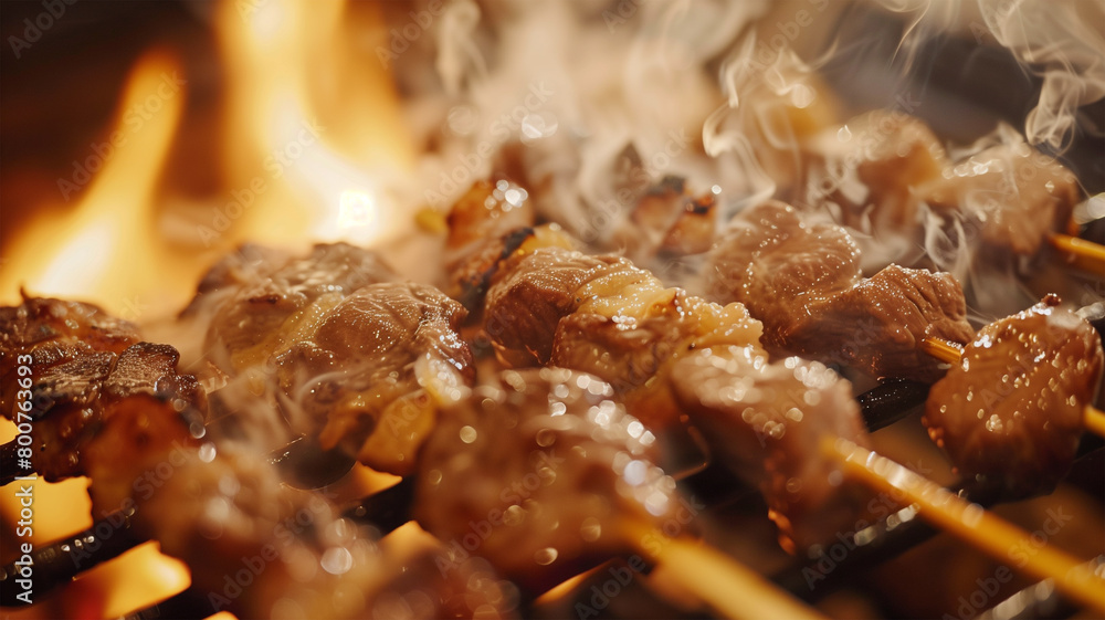 炭火で焼き鳥を焼く